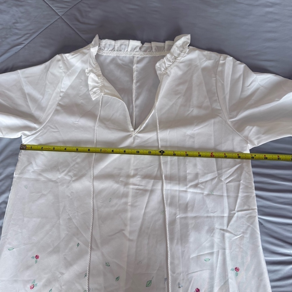 White Dress with Colorful Splatter Floral Design V Neck Short Sleeve - Picture 6 of 8